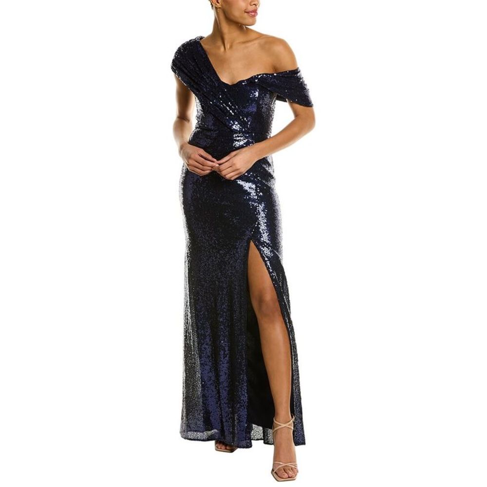 Badgley Mischka Womens  Sequin Asymmetric Gown, Navy